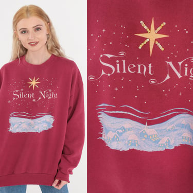 Silent Night Sweatshirt 90s Christmas Sweater Snowy Winter Town Graphic Shirt Rhinestone Star Holiday Magenta Red Vintage 1990s Jerzees XL 