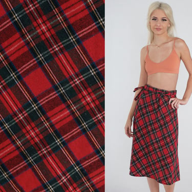 Red Plaid Skirt 80s Wool Blend Midi Wrap Skirt High Waisted School Girl Retro Preppy Uniform Academic Secretary Vintage 1980s Small Medium 