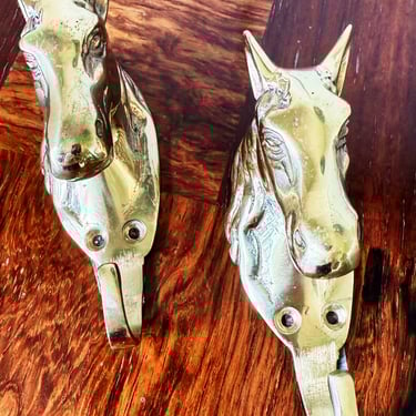 Vintage Brass Hooks with Horse Motif, Set of Two