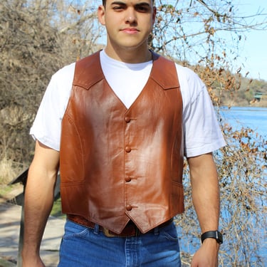 Leather Vest Men, Vintage 1980s Pioneer Wear Brown Vest, Western Wear, XL Men 