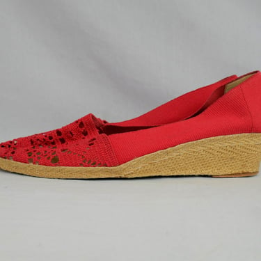 70s Evan-Picone Red Shoes - Rope Wedge Heels - Canvas Uppers w/ Lace Look Toes - made in Spain - Vintage 1970s - 8 N Narrow 