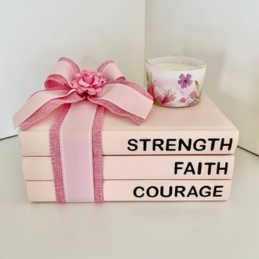 NEW - Strength Faith Courage Stacked Hardback Books, Pink, Ribbon, Flower, Shabby Chic 