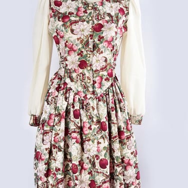 Rose COTTAGE Dress Vintage Cotton Pomegranate Print Vintage 1980's Full Skirt Floral 