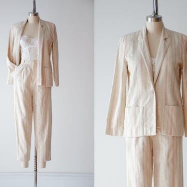 striped beige suit | 70s 80s vintage cream pink purple linen style dark academia high waisted pants cropped ankle trousers blazer 