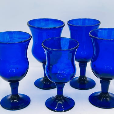 Vintage Set of (5) Cobalt Blue Wine Goblets Water Glasses-Blown glass-Chip Free Recycled Glass Mexico 
