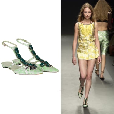 Prada 2003 S/S Runway Vintage Embellished Green Jacquard Ankle Strap Shoes 37 1/2 
