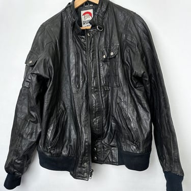 Men's Spartan Rocky Black Vintage Leather Bomber Jacket, Cafe Racer Motorcycle Biker Coat, 1970's, 1980's, Size 50, Disco era Hippie 