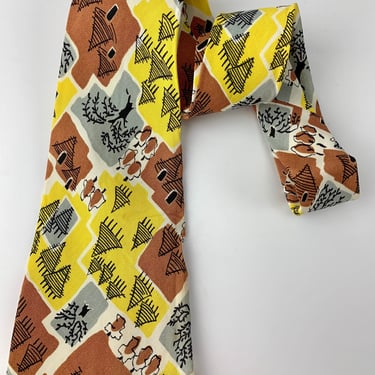 1940's 50's Wide Tie - All Silk - Assorted Tree Design - in Colorful Yellow, Brown, Black, Gray & White 