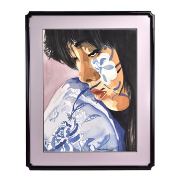 Marcy Warner Watercolor Portrait Asian Woman w Painted Face Blue White Kimono 