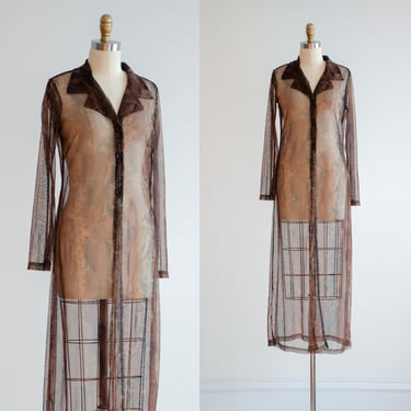 sheer mesh duster jacket 90s y2k vintage brown snakeskin pattern see through maxi dress 