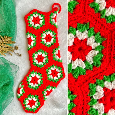 Chunky Knit Christmas Stocking, Granny Squares, Hand Made, Kitschy, Crochet, Vintage Holiday 