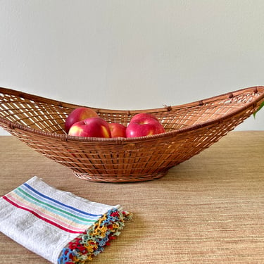 Vintage Long Oval Woven Rattan Bread or Fruit Basket - Half Moon Boat Style 