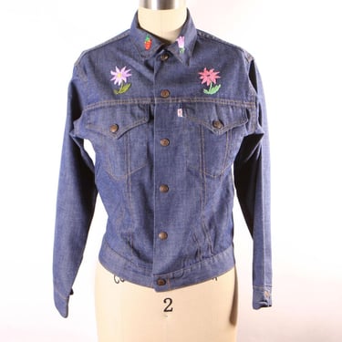 1970s Blue Denim Novelty Embroidered Floral Flowers Sunflowers and Strawberry Cropped Denim Jacket by Levi's -M 
