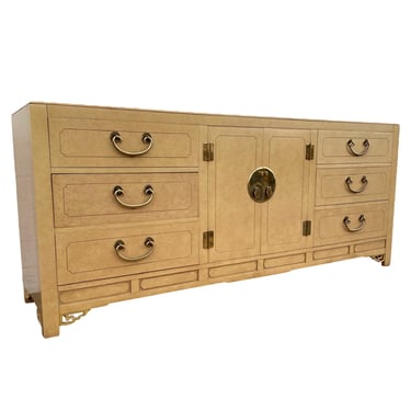 Chinoiserie Dresser with 9 Drawers by White Furniture 75" Long - Vintage Tan & Gold Asian Style Hollywood Regency Credenza 