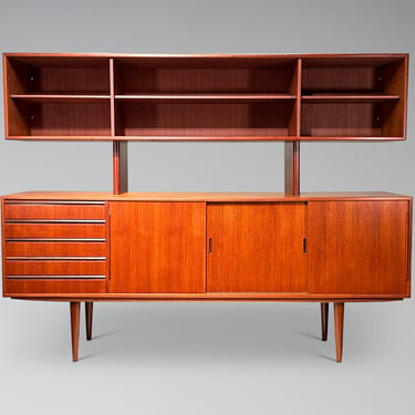 Restored Vintage Danish Teak Sideboard Credenza Two Piece Hutch China Cabient - Mid Century Modern Scandinavian Furniture 