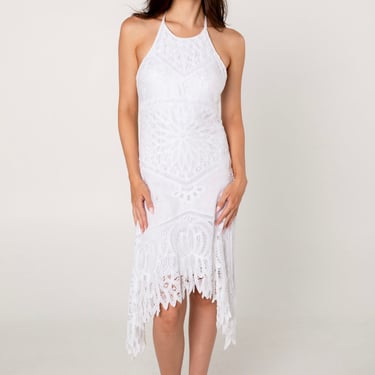 Sue Wong White Crochet Linen Halter Dress