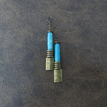 Ethnic tribal dangle earrings, Afrocentric African earrings, bold statement carved bone, blue 