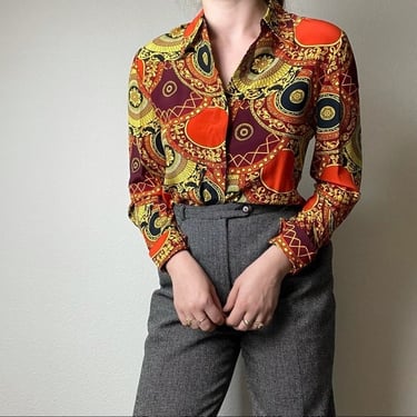 Vintage 90s Women’s Long Sleeve Abstract Geometric 100% Silk Button Up Blouse Size Medium 