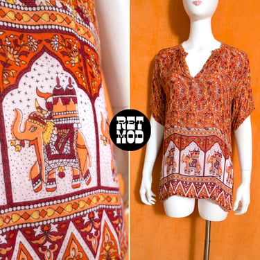 Super Soft Comfy Vintage 70s Orange Red Elephant Indian Tunic 