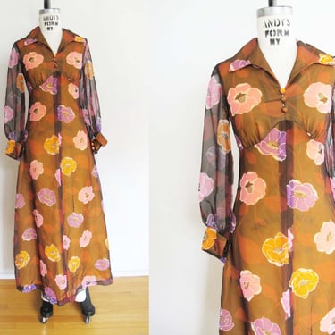 Vintage 60s Maxi Dress S - 1960s Brown Orange Chiffon Sheer Floral Print Long Sleeve Psychedelic Dress - Empire Waist 