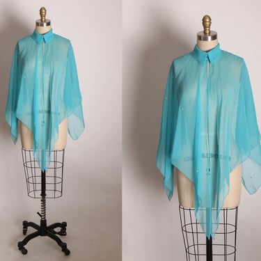 1970s Sheer Blue Organza Hip Length Faux Pearl Beaded Cape 