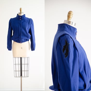 wool bomber jacket 80s vintage bright blue cropped jacket 