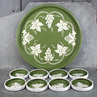 Avocado Green Metal Tray & Coaster Set | Tray and 8 Coasters | Grape Design on Avocado Green | Vintage Serving Tray | Bixley Shop 
