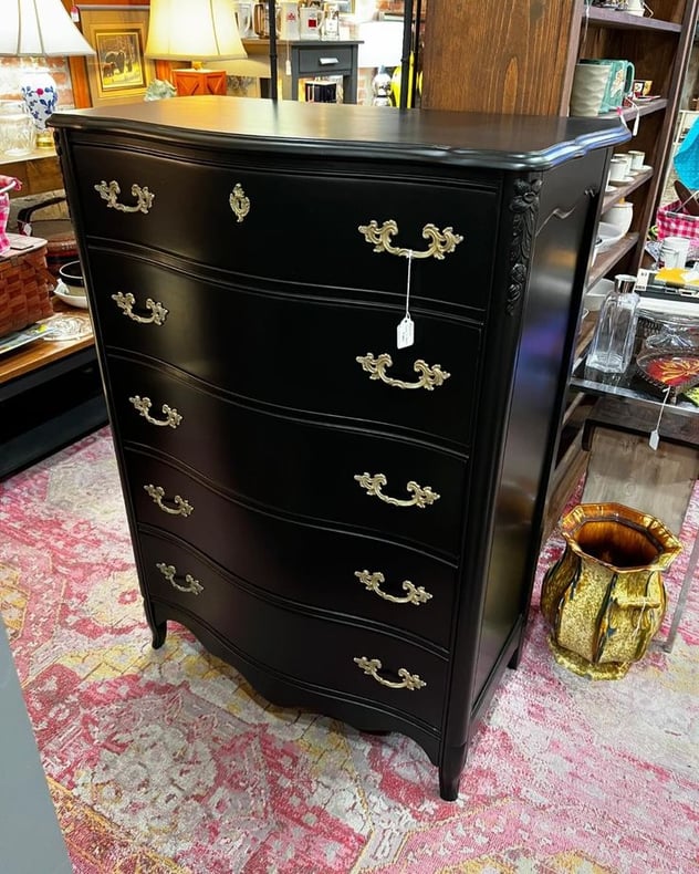 Black painted tall chest of drawers, 35” x19.5” x 49” 