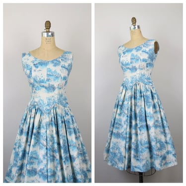 Vintage 1950s toile dress, cotton, fit and flare, full skirt, sundress, pastoral, size small 