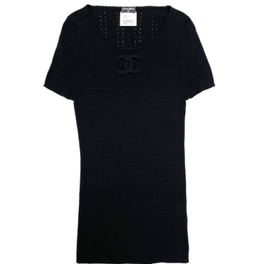 Chanel Black Ribbed Logo Short Sleeve Top
