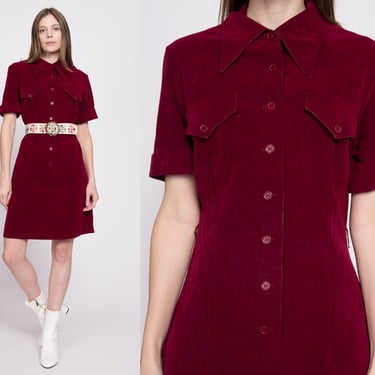 60s Maroon Velveteen Shirtdress - Large | Vintage Button Front A Line Collared Mini Dress 