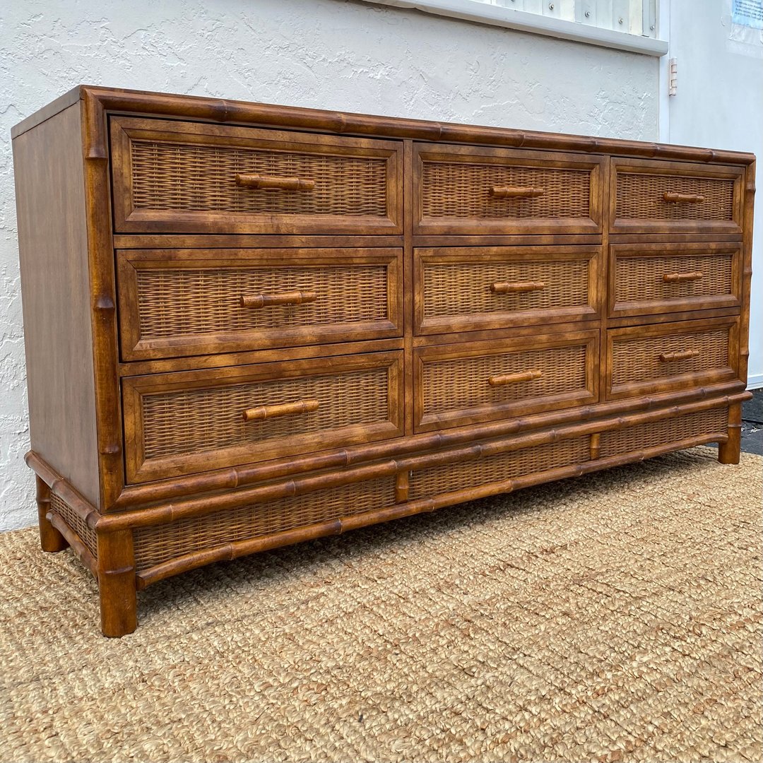 Vintage Hollywood Regency Dresser with 9 Drawers, Faux Bamboo & Rattan