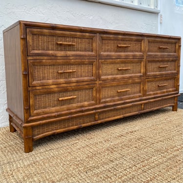 Vintage Hollywood Regency Dresser with 9 Drawers, Faux Bamboo & Rattan Wicker - American of Martinsville Brown Wooden Coastal Credenza 