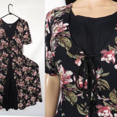 Vintage 90s Witchy Floral Grunge Lace Up Front And Back Maxi Dress Size L 