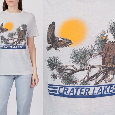 80s Crater Lake Oregon National Park T Shirt - Men's Small, Women's Medium | Vintage Grey Burnout Bald Eagle Graphic Tourist Tee 