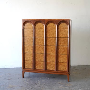 Mid Century  Thomasville Sculptural  Tall Dresser Walnut & Olive Burl 