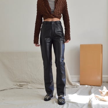 leather high waist straight leg black trouser / 26w 