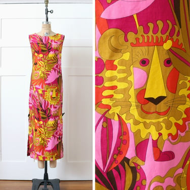 vintage 1960s psychedelic novelty print tiki sundress • Hawaiian tropical print long shift dress in hot pinks 