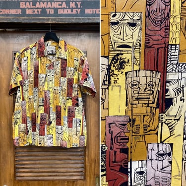 Vintage 1950’s “Shaheen’s” Atomic Tiki Pattern Loop Collar Cotton Rockabilly Hawaiian Shirt, Signed Selvedge, 50’s Vintage Clothing 