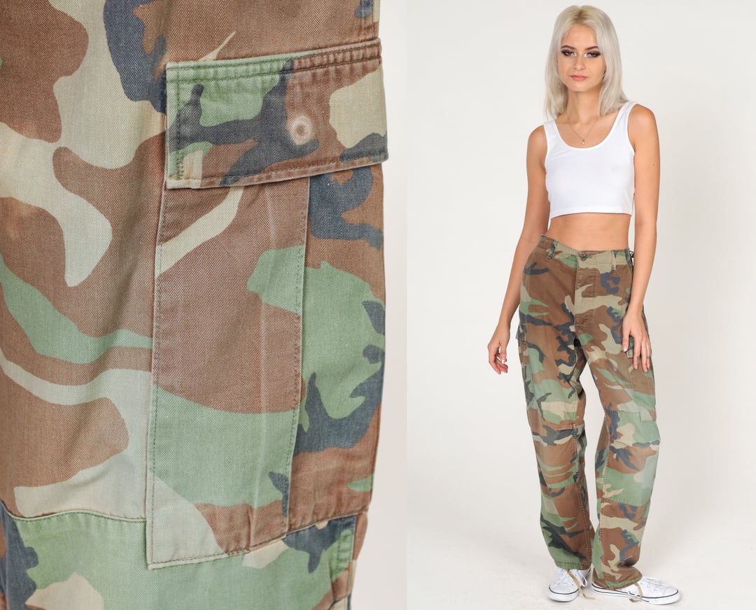 Camo Army Capri Pants 90s Cargo Pants Military Combat Olive Green  Camouflage Punk Rocker Capris Cropped Ankle Vintage 1990s Extra Small Xs 