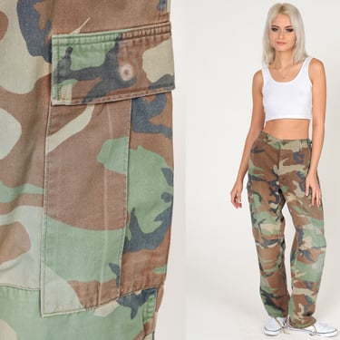 Camo Army Pants 90s Cargo Pants Military Combat Olive Green Camouflage Grunge Aesthetic Punk Rocker Vintage 1990s Men's Small Regular R 