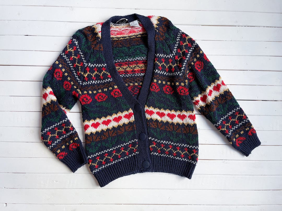 Vintage 1990s Wool Winter hot Cottage Core Pattern Blue & White Chunky Pullover Knit Jumper