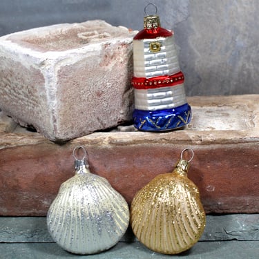 Set of 3 Nautical Themed Glass Christmas Ornaments for Your Christmas Tree! - Two Seashells and Czech Republic Lighthouse 