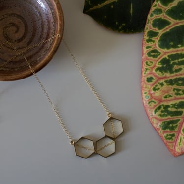 Brass and Gold Hexagon Necklace 