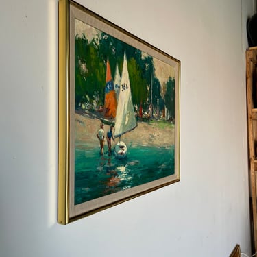 Vintage Sailboats on a River Impressionist Oil Painting on Canvas 