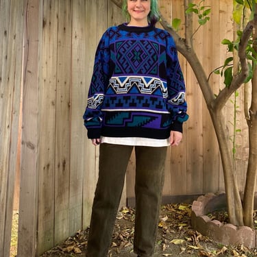 Vintage 1980’s Blue, Black and Green Geometric Sweater 