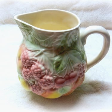 French Salins Les Bains Handled Water Pitcher Majolica Style~ Made in France, Vintage hand painted Embossed French Urn Vase Kitchen Decor~ 