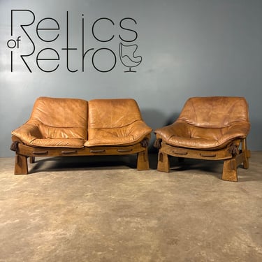 Brutalist Leather Two Seater Sofa & Matching Armchair Percival Lafer Style Mid Century Vintage Retro MCM 