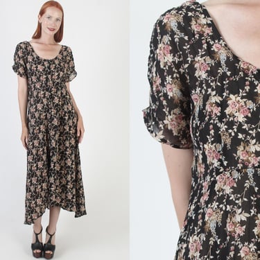 90s Floral Print Dress, Black Thin Grunge Sundress, Vintage Gyosy Babydoll Maxi 