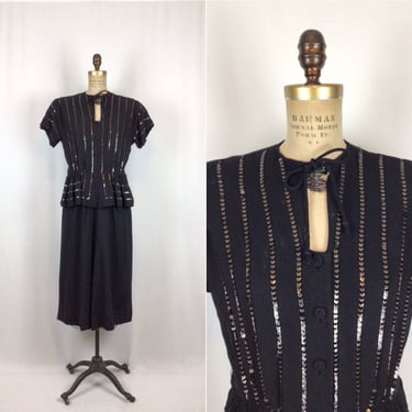 Vintage 40s dress | Vintage black rayon crepe dress | 1940s sequin peplum dress 
